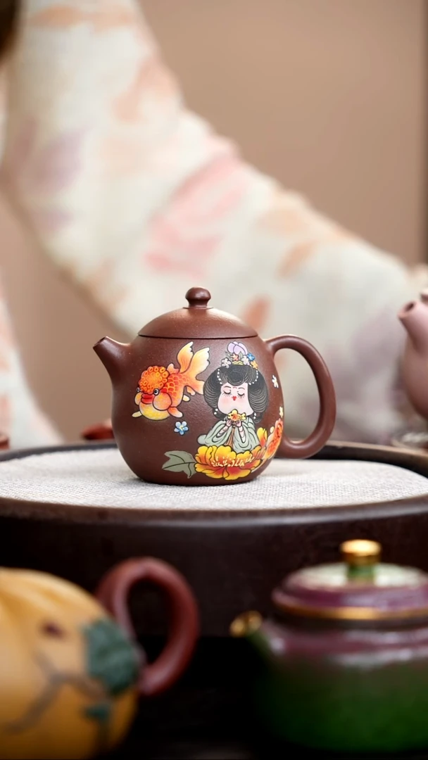 茶壶紫砂沉香泥龙蛋泥绘唐美人金鱼