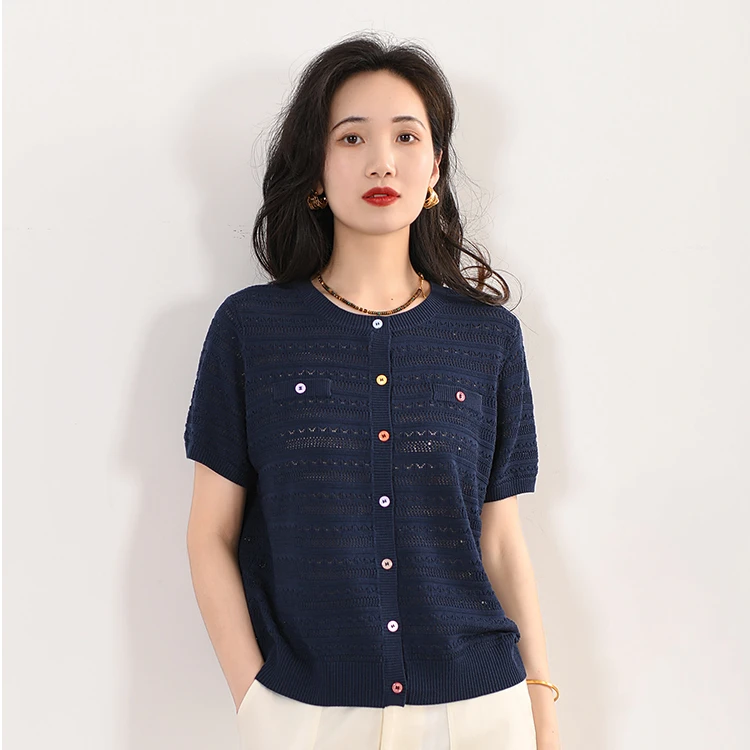 EKNR彩色小扣针织短袖t恤女2025春夏新款镂空洋气开衫外搭上衣女