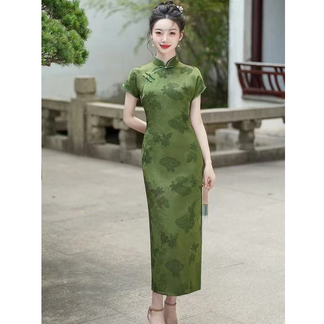 青笺 气质绿色夏季中长款长度118旗袍