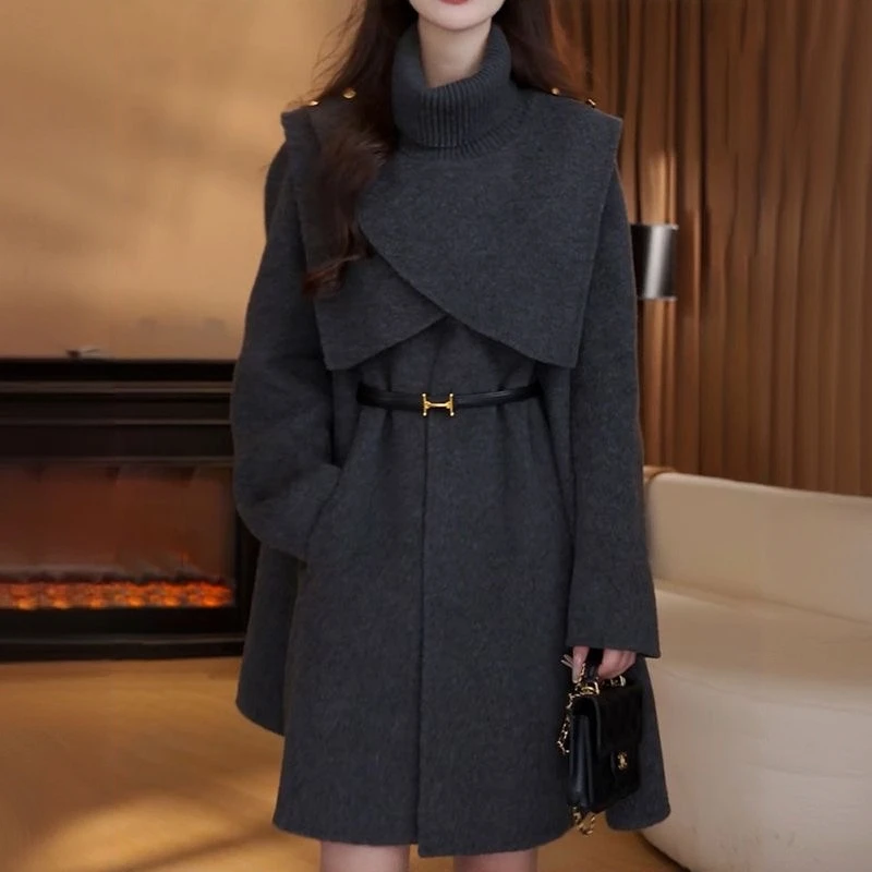 法式高级感秋冬季气质修身显瘦可拆卸斗篷中长款大衣外套呢子加厚