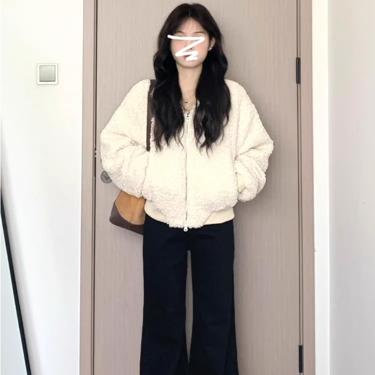 白色羊羔绒毛绒绒短外套女秋冬季2025年新款爆款韩系休闲加绒上衣