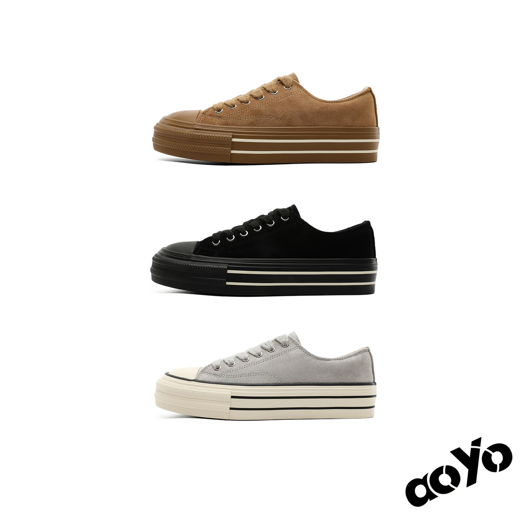aoyo复古美拉德仿牛绒小众日系简约板鞋 厚底增高帆布鞋
