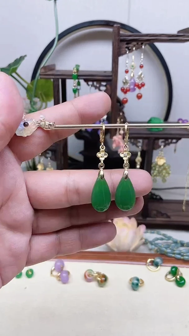 和田玉14K金镶嵌耳饰73号