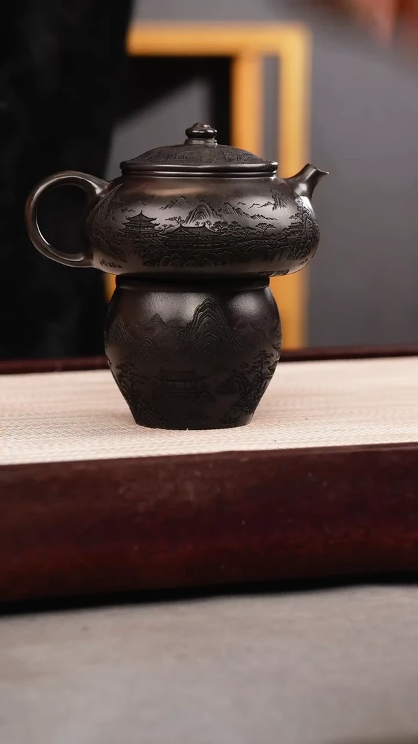 茶壶紫砂石黄 寒江 刻绘+山水杯