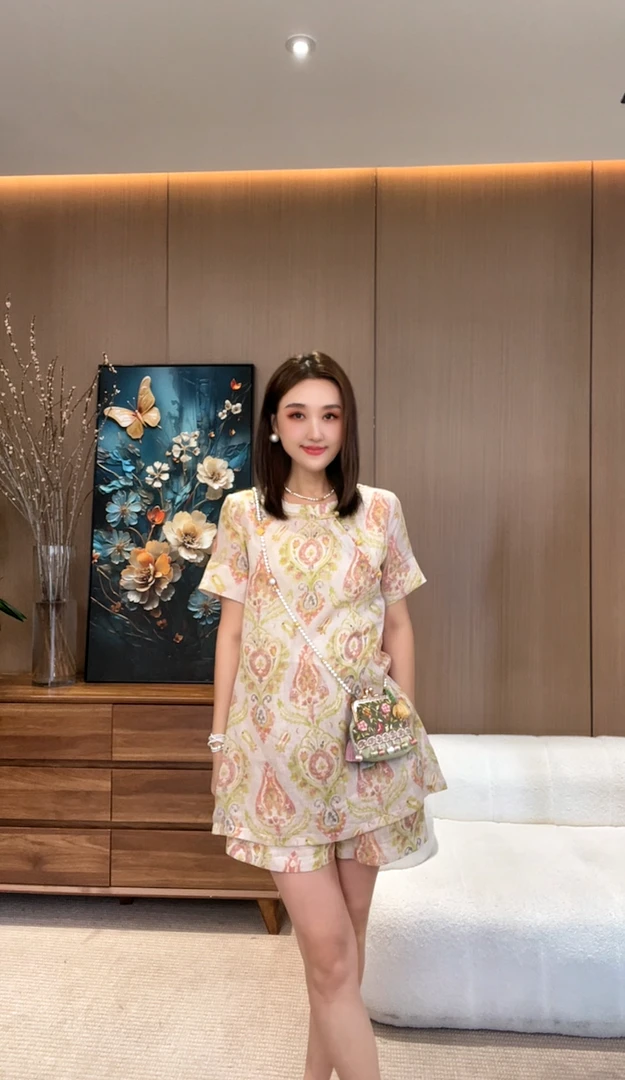 【苎麻】套装-气质款右襟原创时尚夏季新中式上衣短裤两件套T413