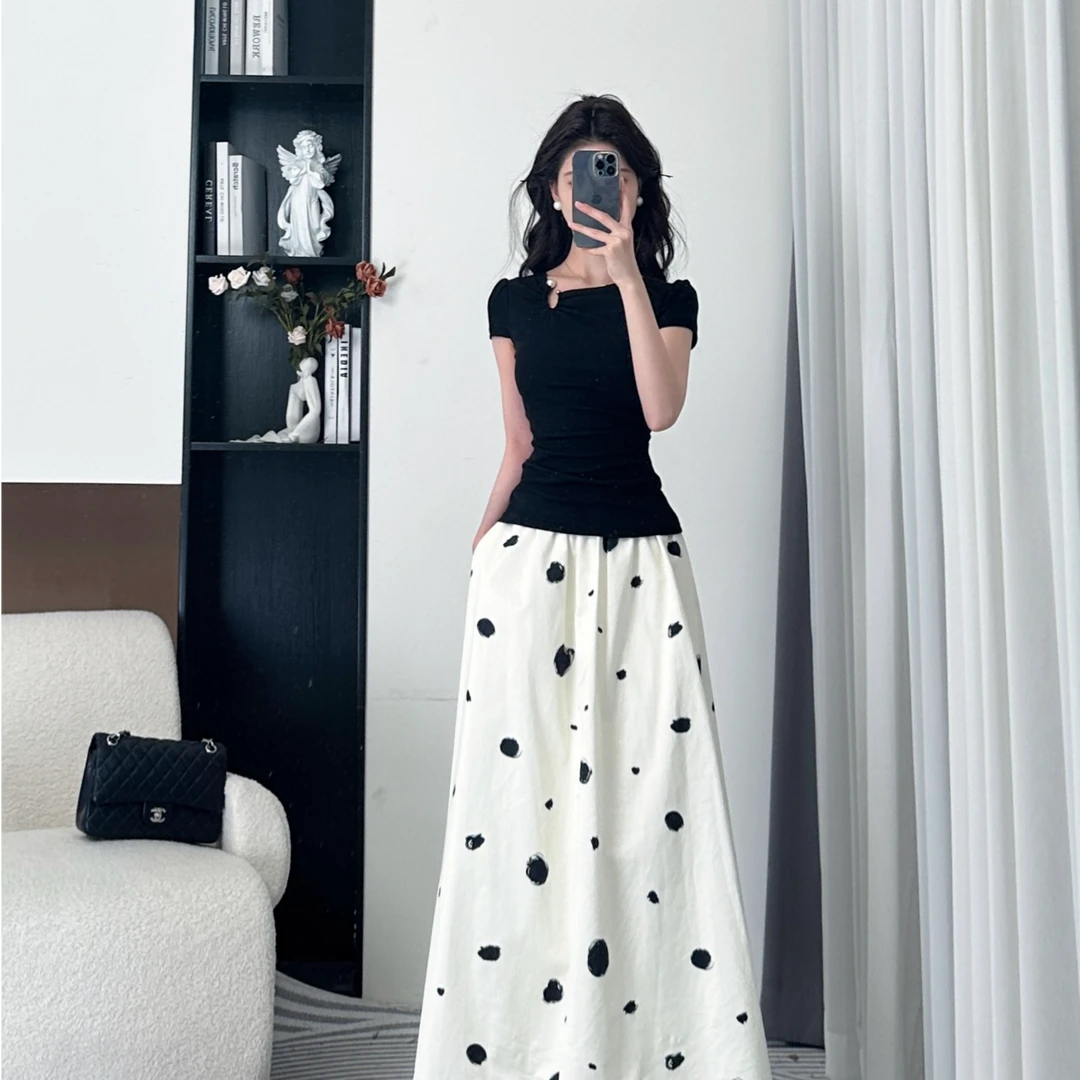 拉夏贝尔/25夏新法式通勤气质减龄显瘦短袖上衣+半身裙 10459 LSC