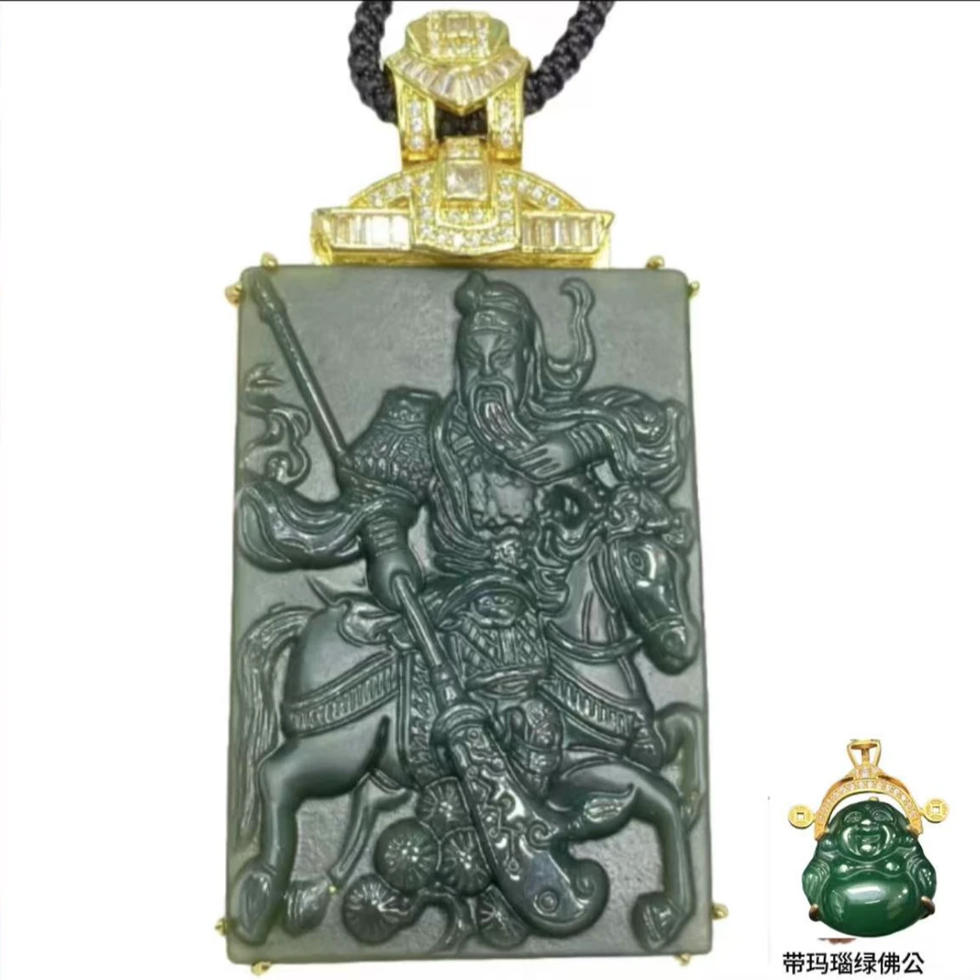 和田玉 关公 吊坠  合金镶嵌 558 带绿佛公 带礼盒 CKR333