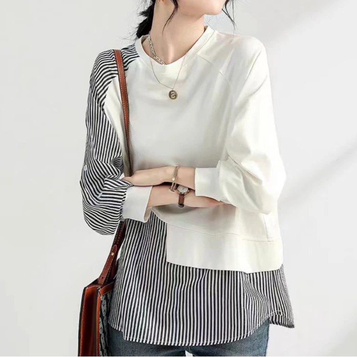 假两件条纹衬衫女中长款衬衣宽松休闲长袖上衣慵懒风