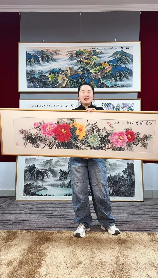 国画手绘牡丹162*47尺寸