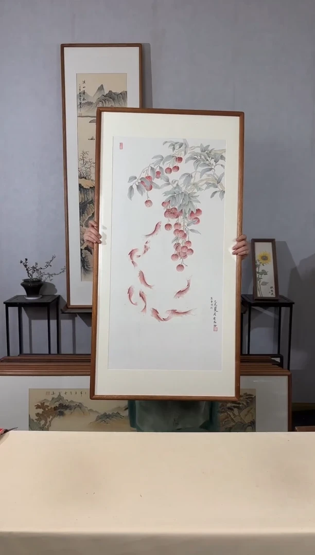 国画手绘*万事顺利（九鱼图）*62*122cm带框发货