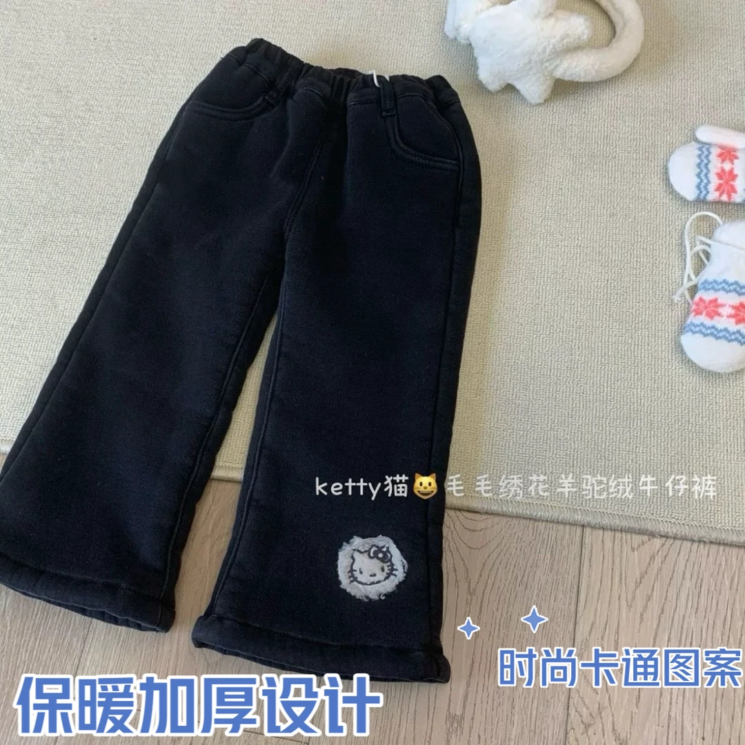 女童加绒裤子冬季新款加厚绒洋气绣花中小童牛仔裤女宝宝加绒裤子