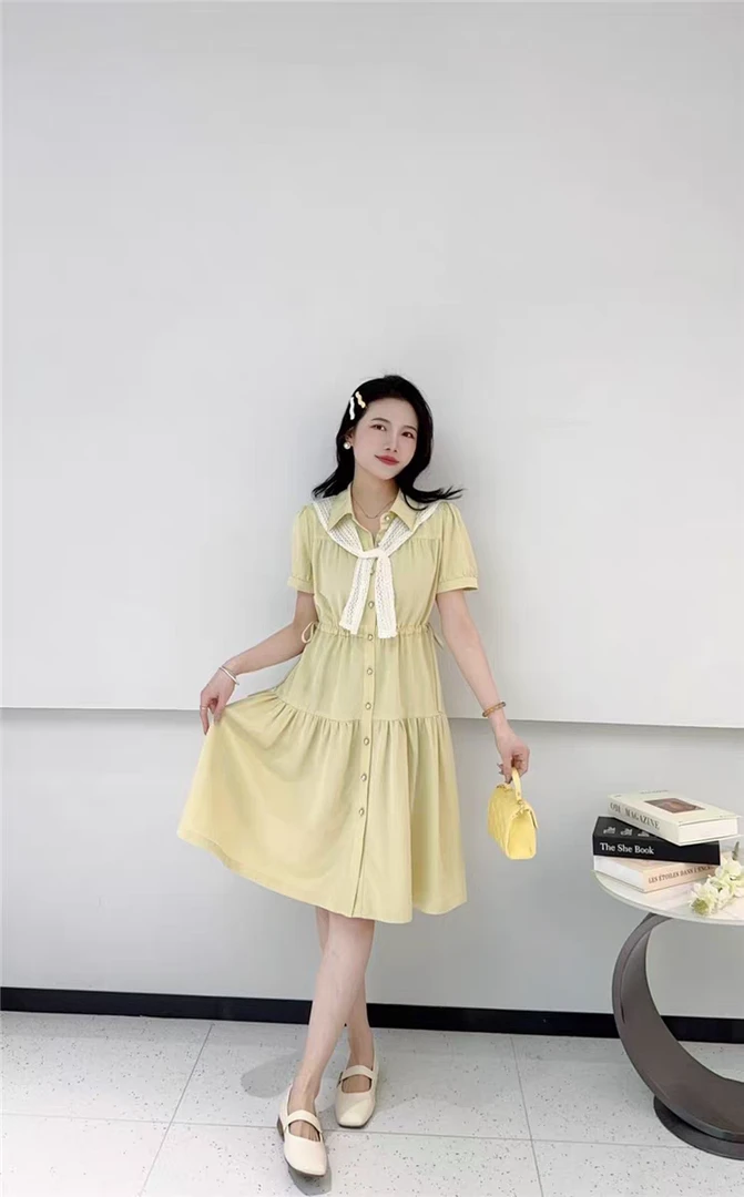 89093款新款韩版蕾丝披肩短袖衬衣连衣裙减龄抽绳宽松中长裙