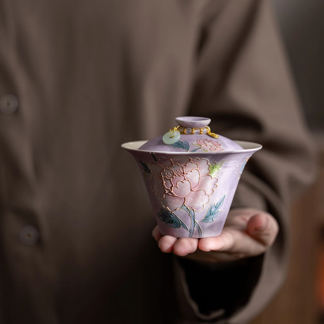亘古粉引牡丹盖碗家用泡茶碗不烫手中式复古茶具手绘紫色粉彩精致