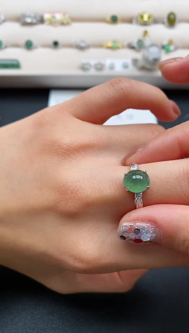 银S925镶嵌戒指翡翠缅甸天然A货翡翠444  1-2