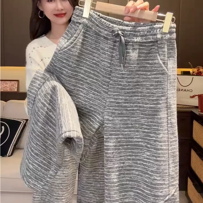 秋冬新款加厚女休闲裤松紧高腰软糯条纹糯米裤显瘦宽松简约阔腿裤