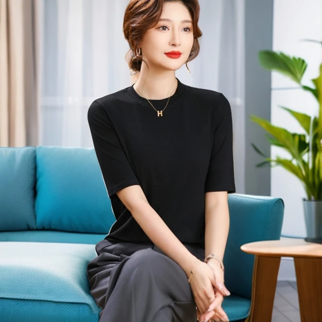 2025-显瘦减龄洋气时尚百搭夏春秋季夏纯色中袖打底衫5分袖
