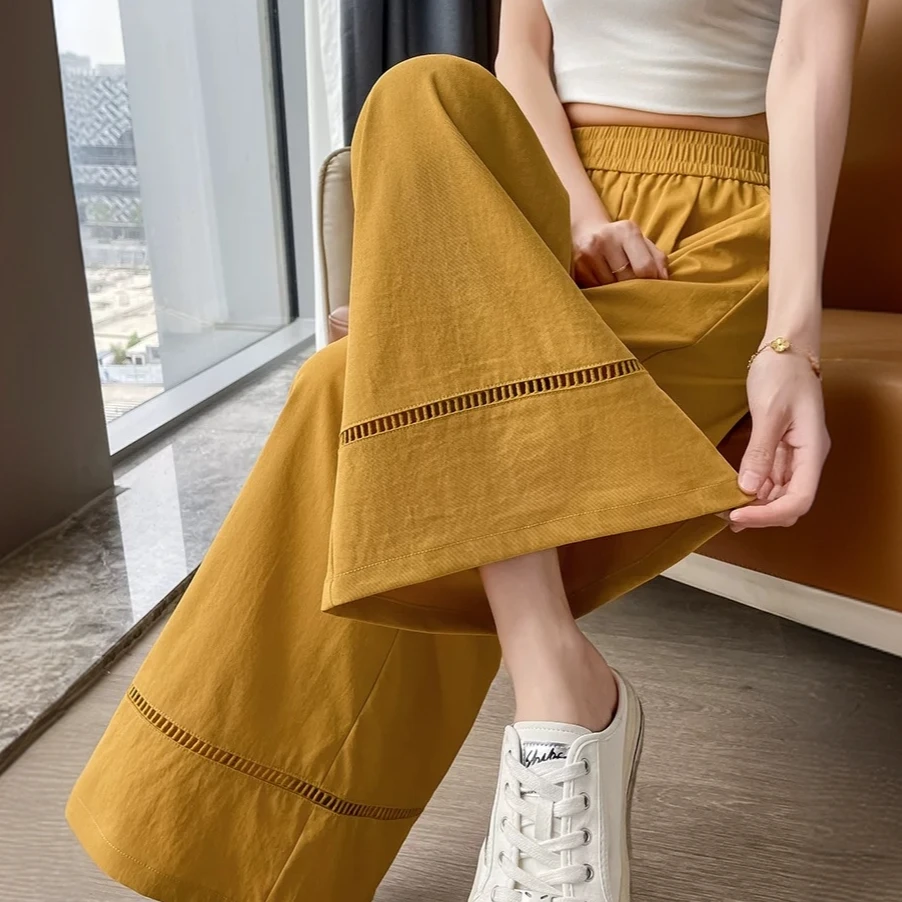 冰丝阔腿裤女夏季薄款八分九分蕾丝镂空高腰2025新款小个子直筒裤