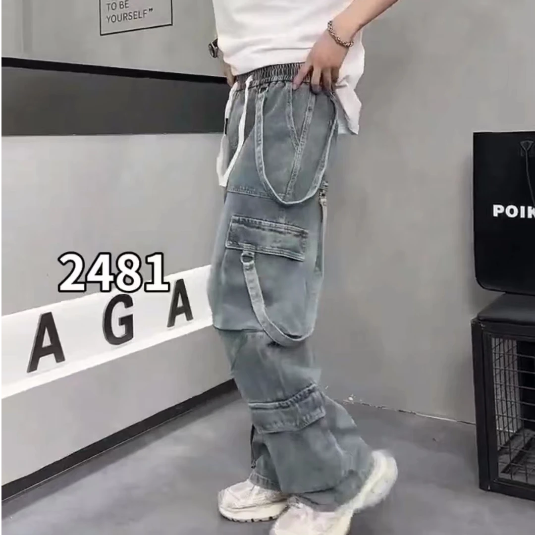 工装牛仔裤男士休闲百搭直筒宽松潮流水洗春夏做旧牛仔裤#2481