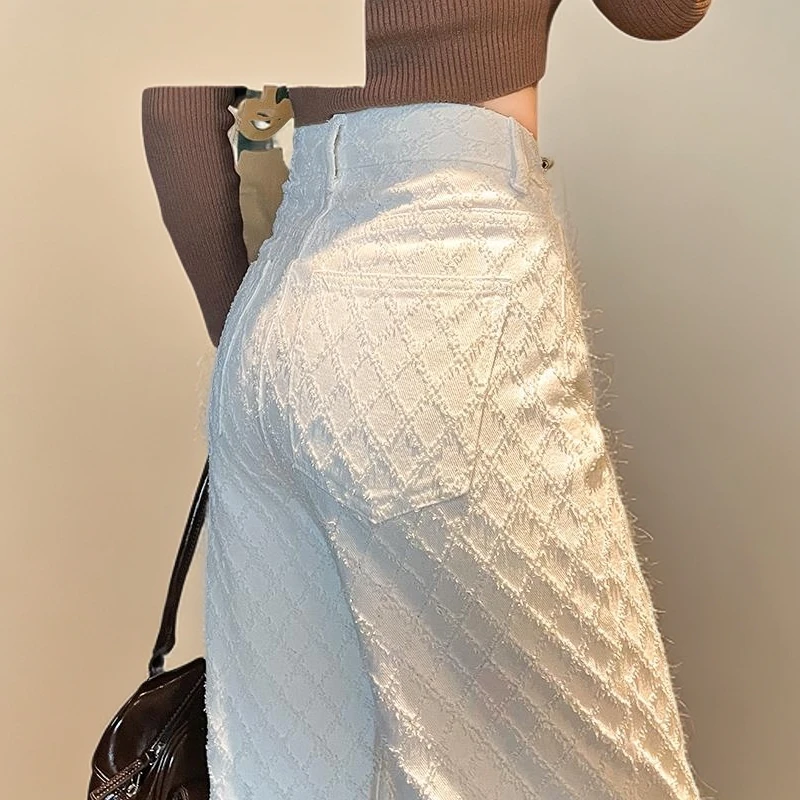 白色牛仔裤女窄版直筒长裤子秋季编织感高腰宽松拖地休闲裤阔腿裤