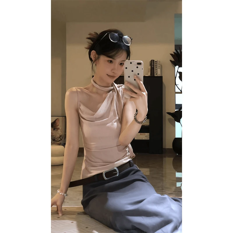 2025夏季新款韩系穿搭设计感荡领不对称飘带背心上衣半身裙两件套