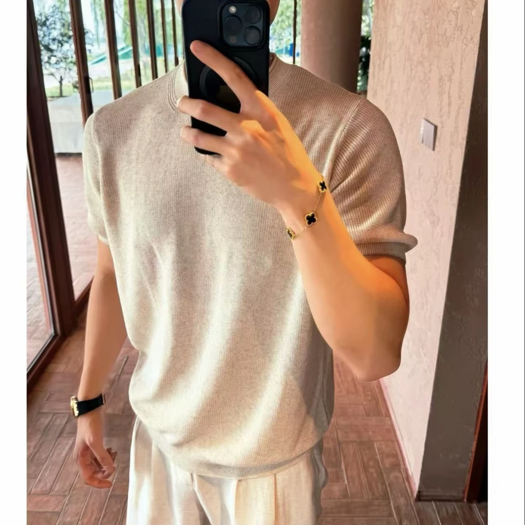 新贵高奢『99%还原』17针棉麻花纱新贵老钱松弛透气圆领短袖针织衫