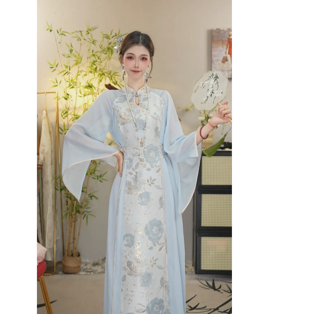 花享悦2025春季新款中国风飘逸日常蓝色长款连衣裙WW（6622