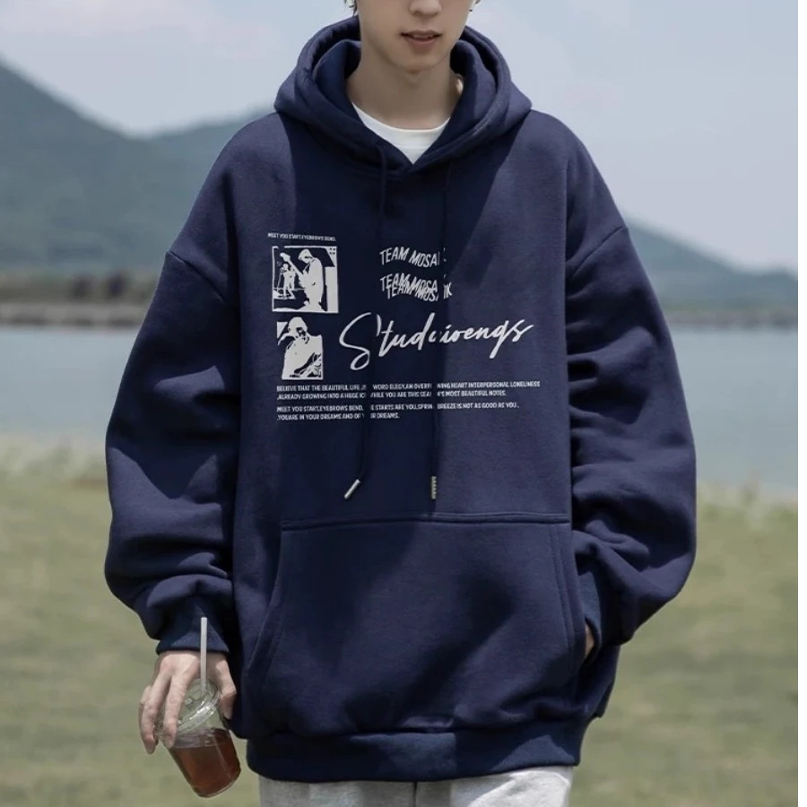 印花连帽卫衣男款秋冬季加绒美式高街重磅宽松百搭潮牌高级感外套