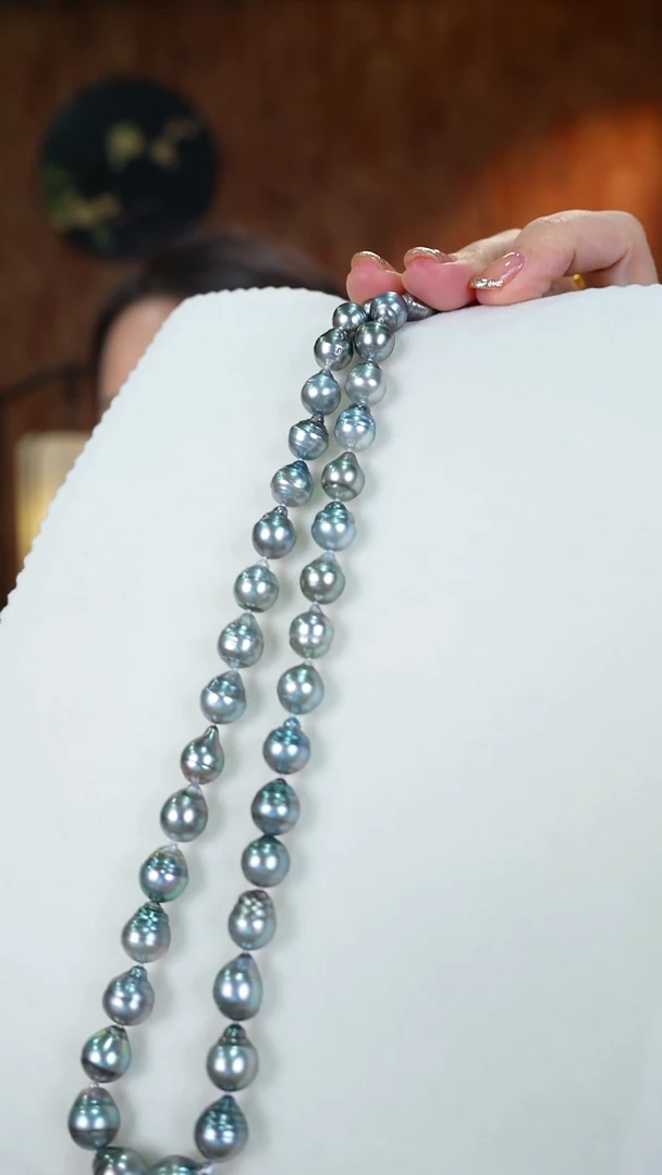 项链银S925镶嵌海水珍珠8-10mm黑珠