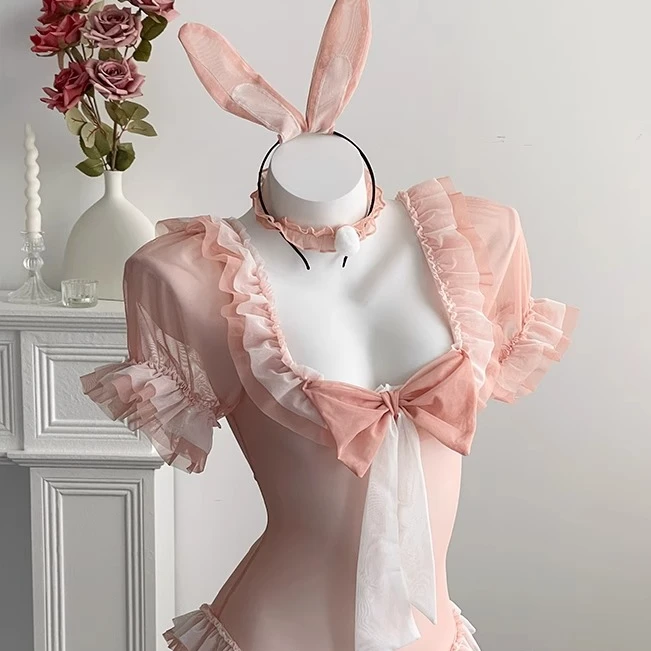粉嫩甜美cos兔女郎连体衣制服女新款性感网纱花边纯欲蕾丝软妹