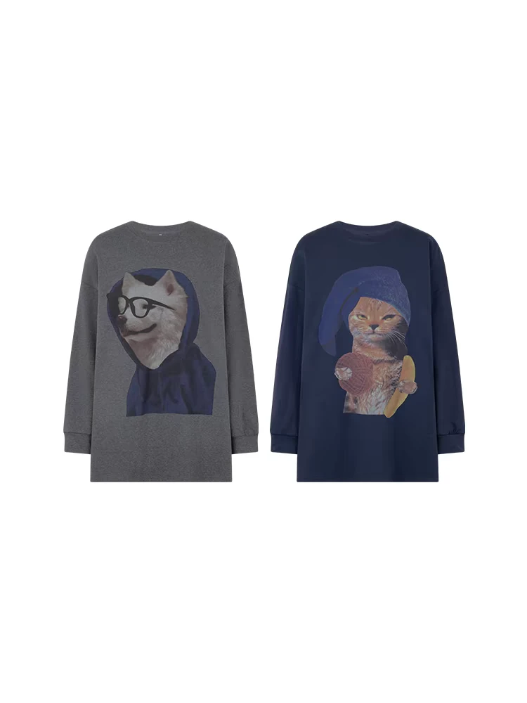 酷宠长袖T恤 磨毛弹力棉_保暖圆领宠物印花宽松上衣