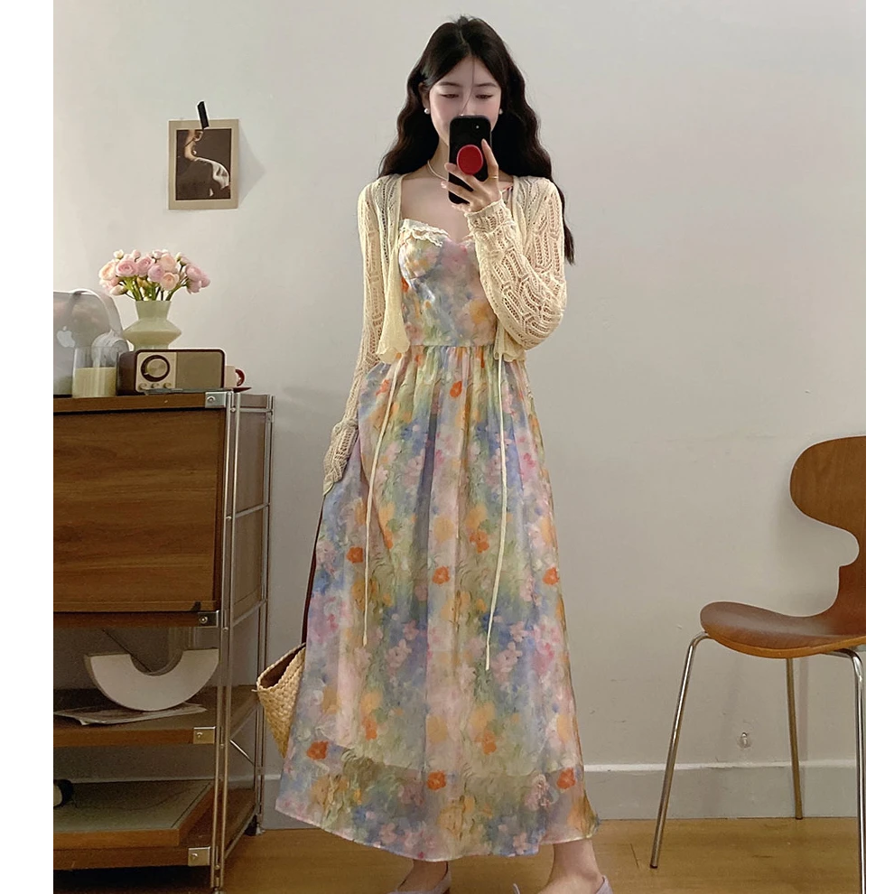 大码女装绝美吊带裙开衫连衣裙女法式沙滩度假风晕染碎花长裙子