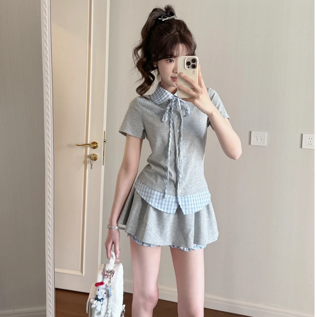 韩系学院风休闲运动服套装女夏季穿搭假两件POLO衫短袖短裙两件套