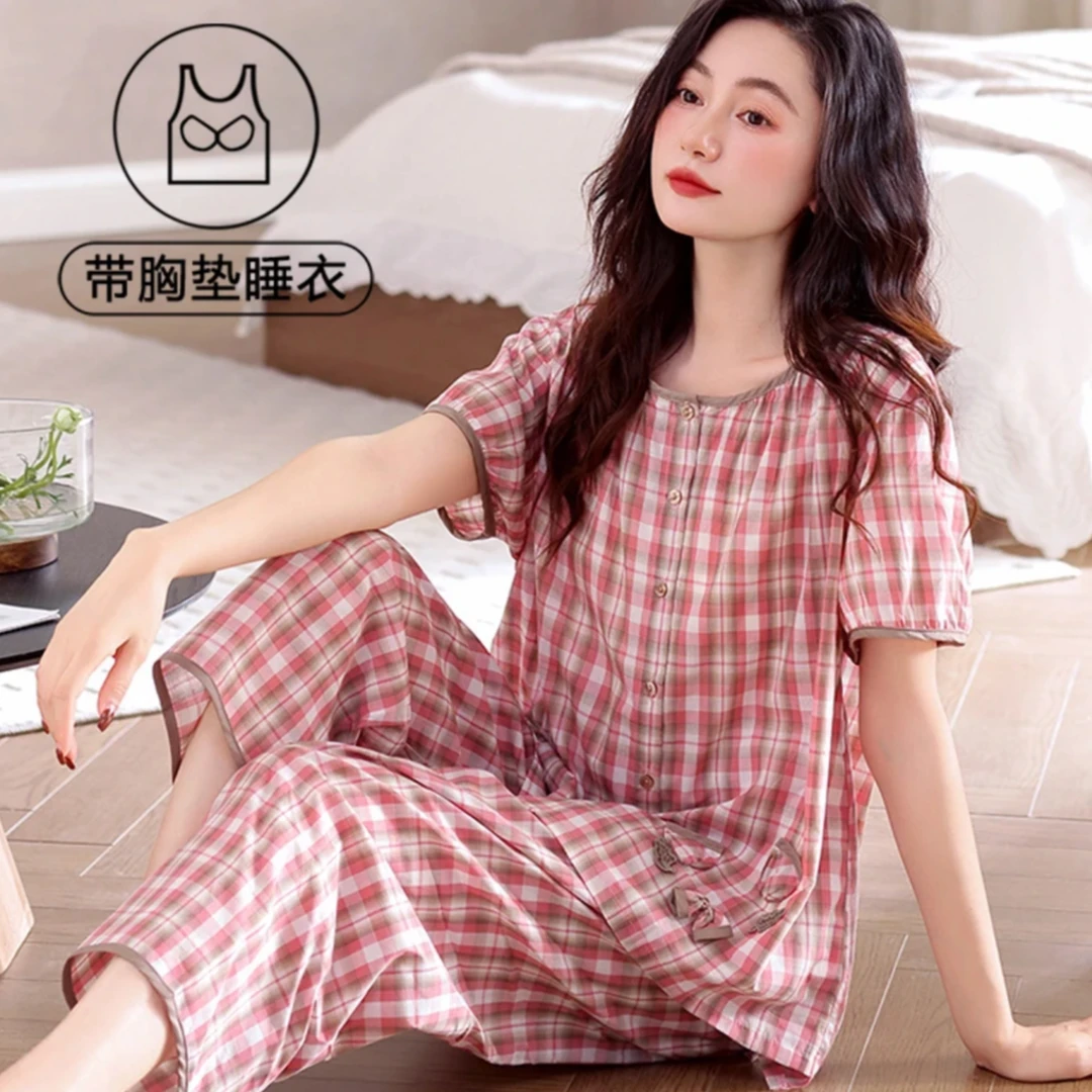 爆款睡衣女士夏季短袖开衫2025年新款带胸垫宽松韩版七分裤家居服