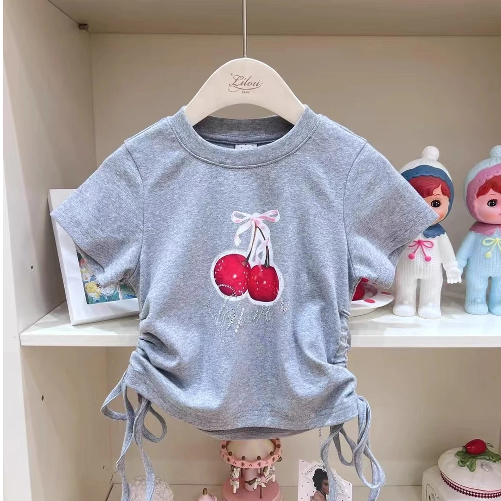 Alice *737* 茉莉岛女童夏季新款灰色抽绳樱桃T恤