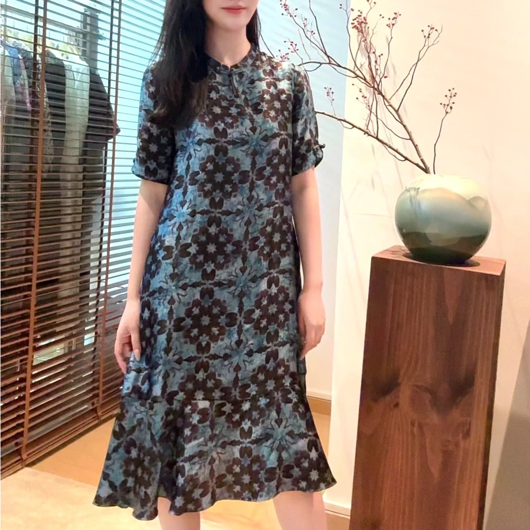 【萨拉迪恩】花色碎花印花灯笼袖蓝色扎染初恋风西域风