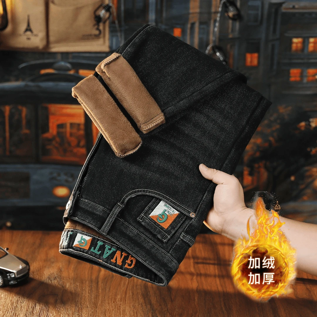 牛仔裤男款加绒2025轻奢韩版修身小直筒裤印花百搭刺绣保暖牛仔裤