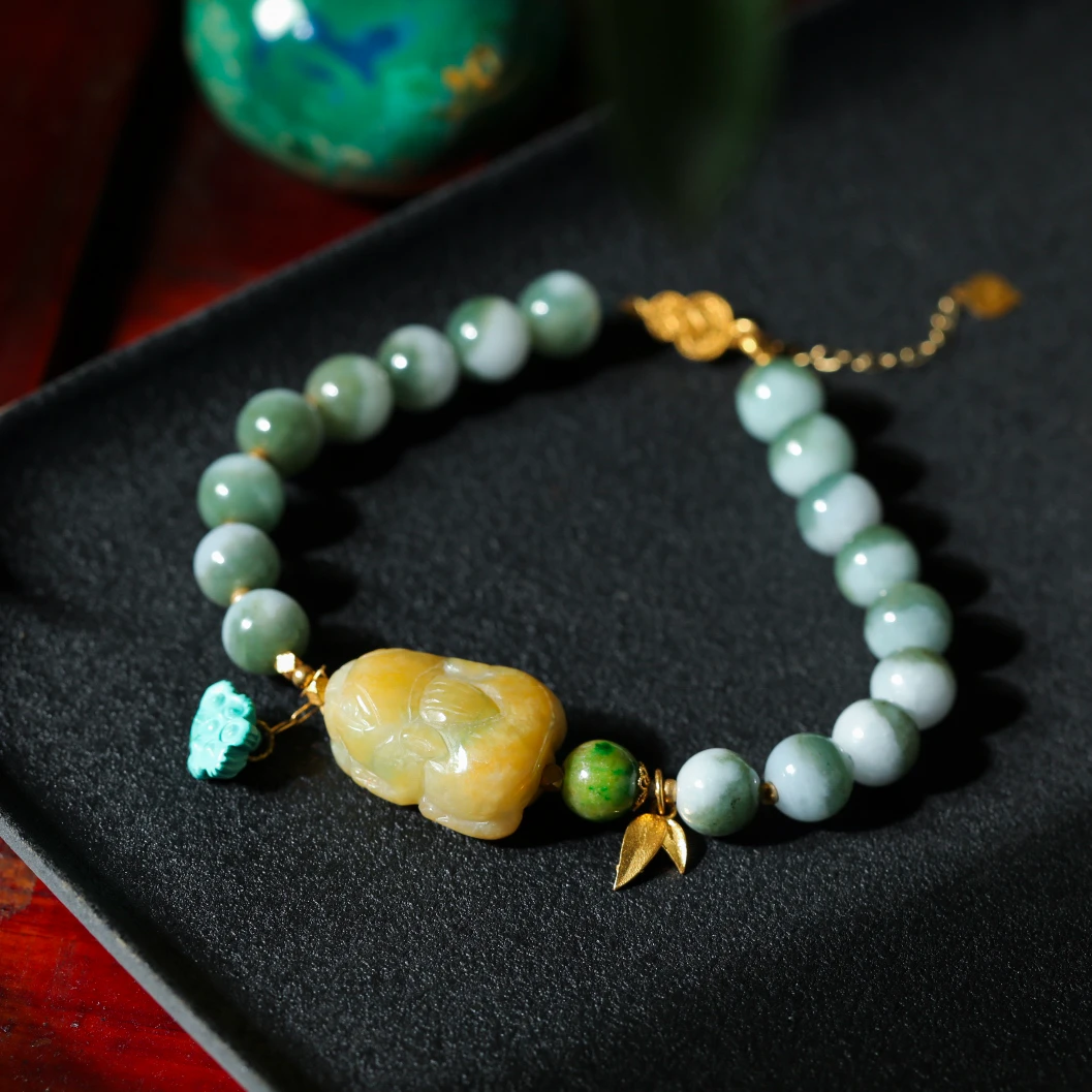 【意婵】春雨蓝|天然翡翠貔貅单圈18k金绿松石-900537