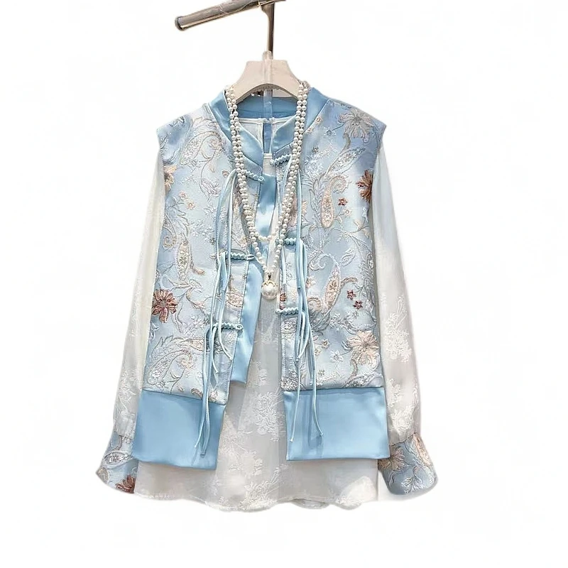 新款国风拼接盘扣马甲+撞色袖口设计感打底衫两件套【衣长70左右】