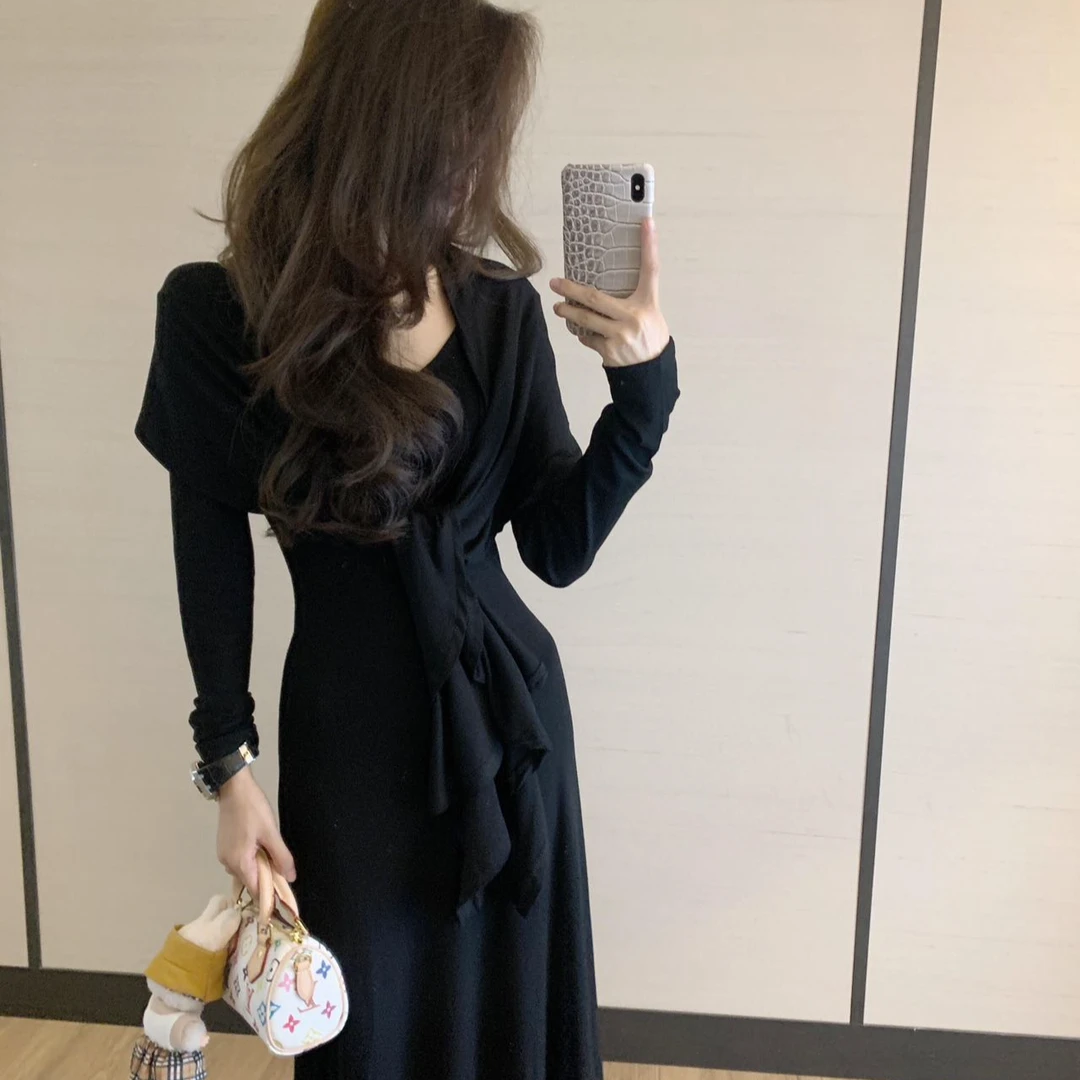 v领长袖连衣裙女2025秋季修身长裙气质收腰包臀裙子披肩两件套