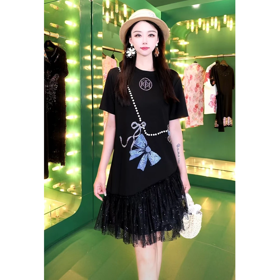 TCH轻奢时尚拼接链条小熊蝴蝶结连衣裙T75C30E1010