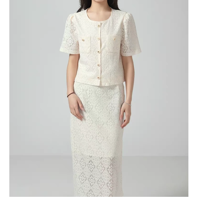 衣源1152#2025夏新款短袖衬衫女上衣+半身裙两件套（衣长47裙长78）