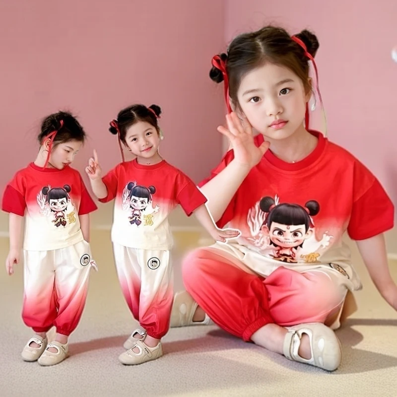 亮灯女童哪吒服装套装图案短袖休闲裤子儿童两件套女童夏装套装