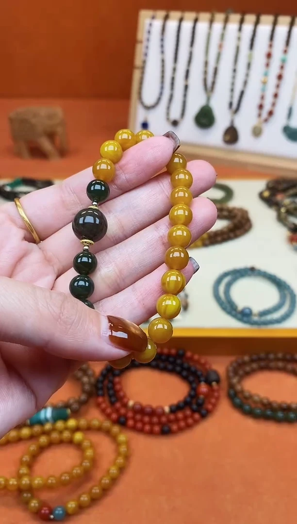 手链蜜蜡未镶嵌单圈蜜蜡和田菠菜绿手串