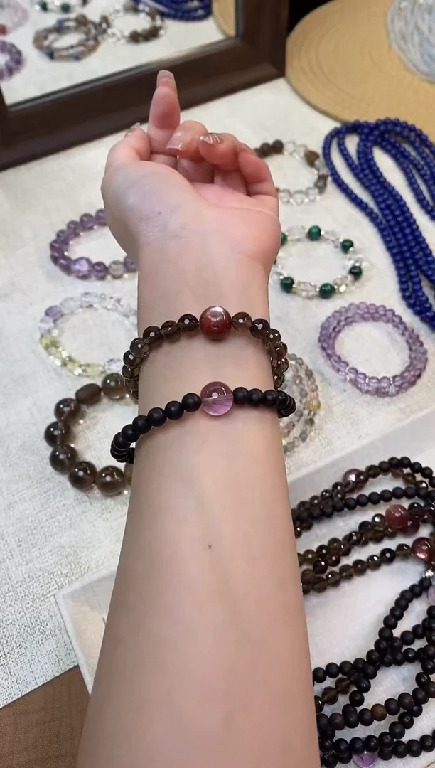 合金手链水晶《歌剧魅影》茶晶粉锂云母降真香双圈6-7mm多样性发一