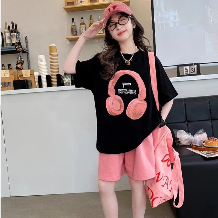 女童短袖套装夏季2025新款洋气女大童夏装T恤短裤儿童宽松t两件套