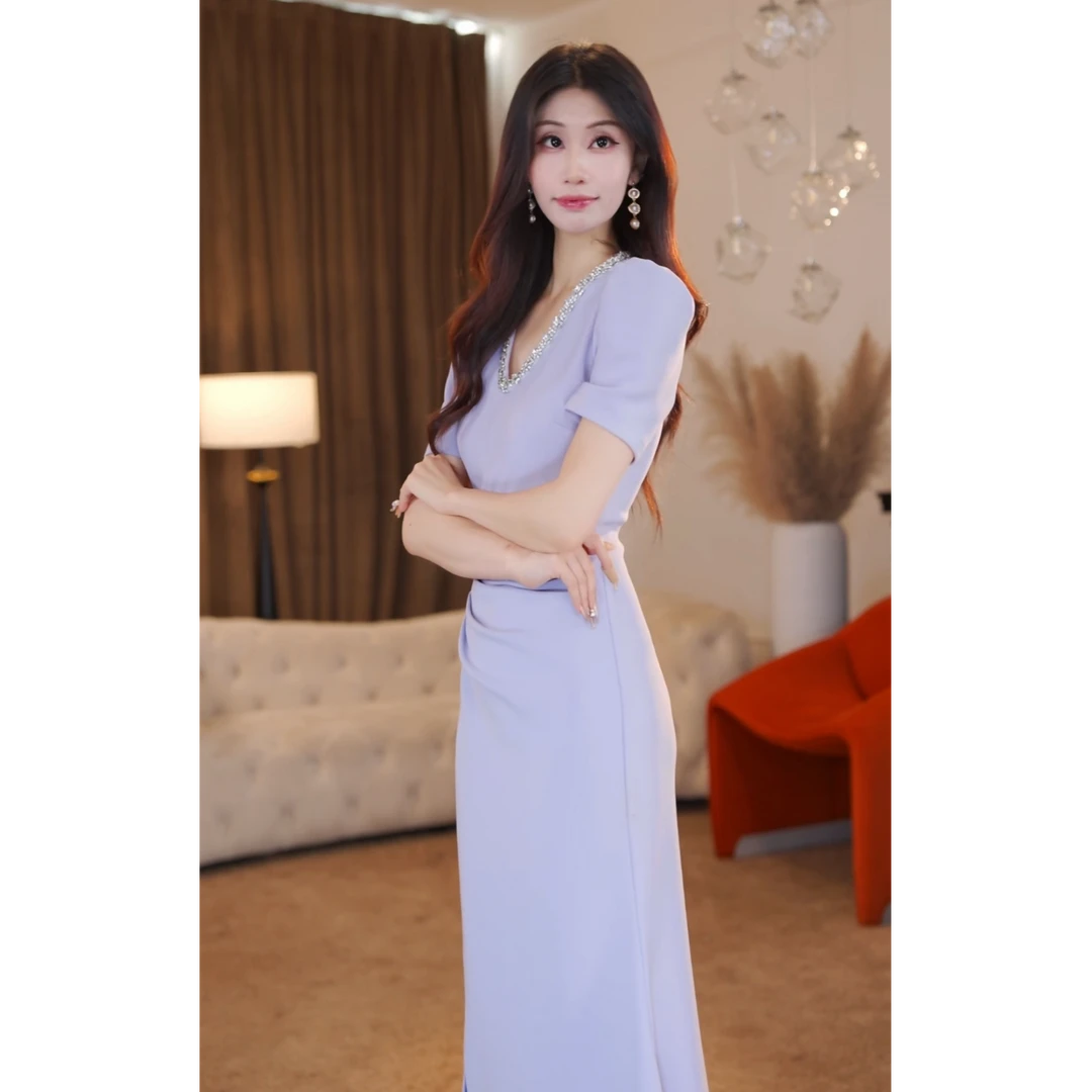 【可可专属】浅紫流韵 法式优雅夏季新款轻奢钻链鱼尾连衣裙-HZ929