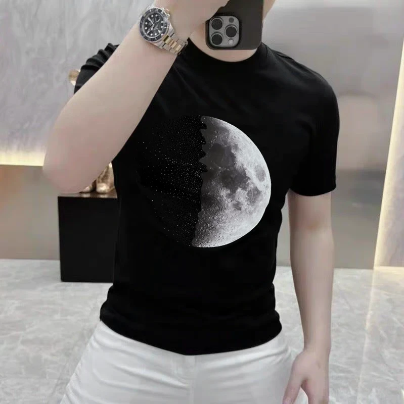 2025夏月亮高品质修身男士潮流个性半袖休闲百搭圆领短袖