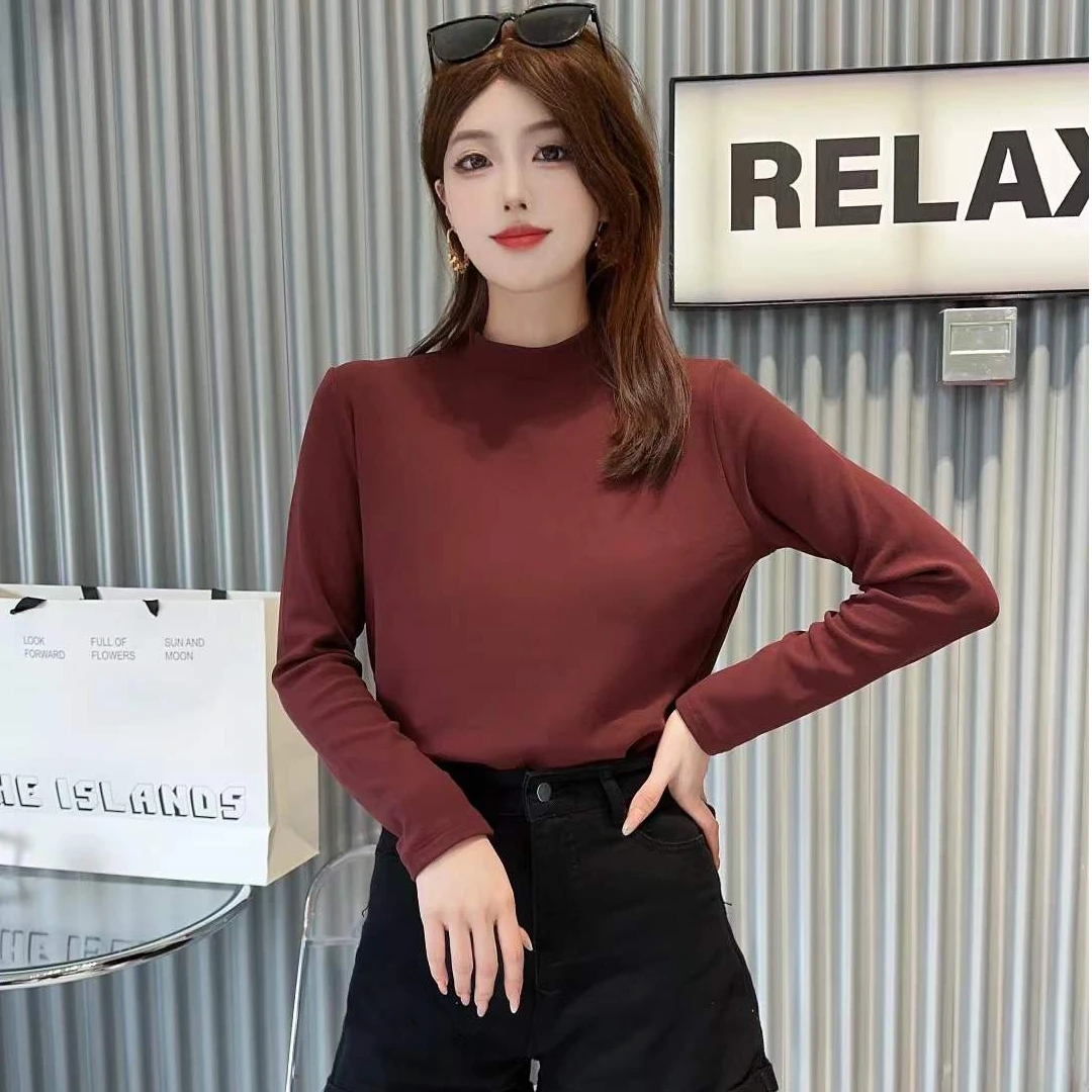 双面绒半高领打底衫女秋冬款修身显瘦百搭加绒加厚内搭女T恤9208