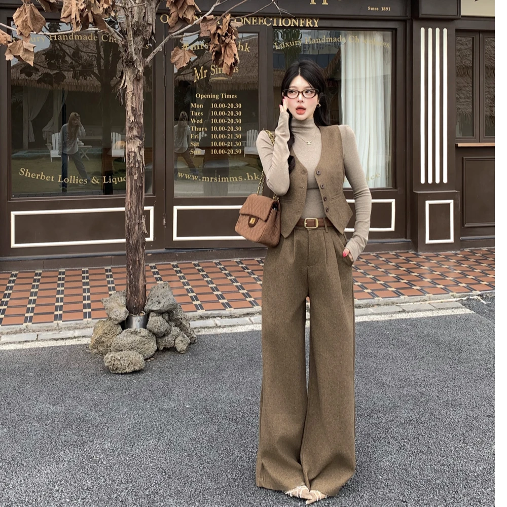 冬季老钱风穿搭韩系时尚套装单排扣马甲背心搭高腰阔腿裤休闲裤女