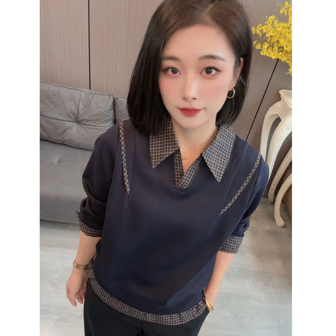 【海片】25991女士秋款拼接衬衫领卫衣打底衫休闲时尚百搭